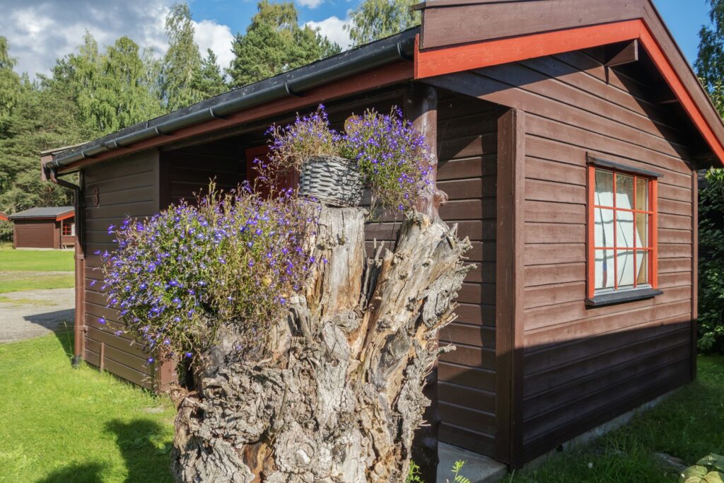 A small wooden building with a clock on top of it