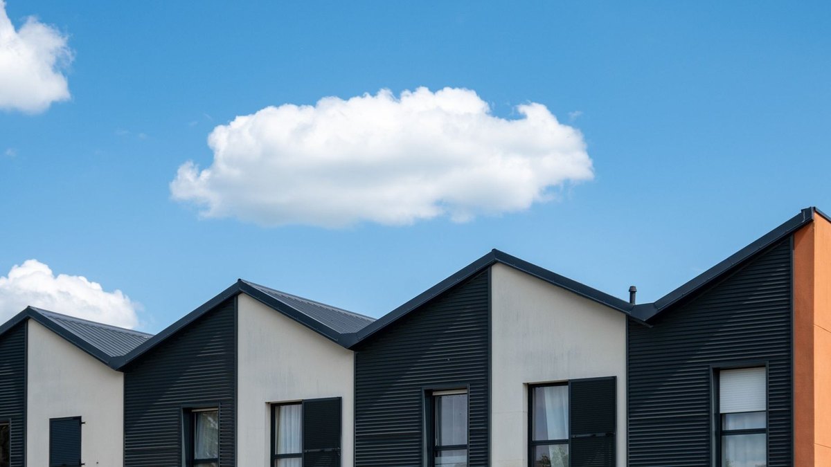 Modern houses with black and white facades, pitched roofs, and windows under a clear sky